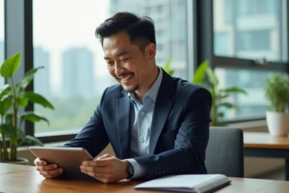 Homme d'affaires asiatique en costume bleu analysant des graphiques