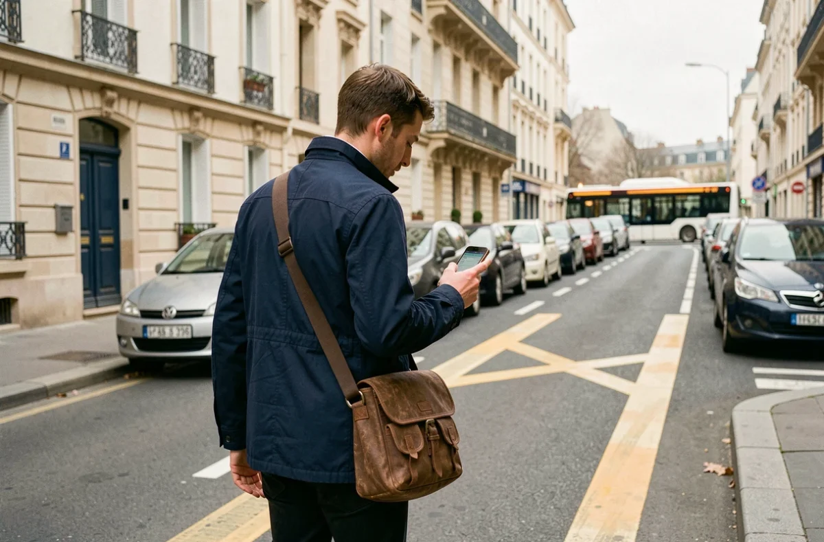 Homme consultant une application de transport alternatif sur son téléphone pendant une grève RATP à Paris
