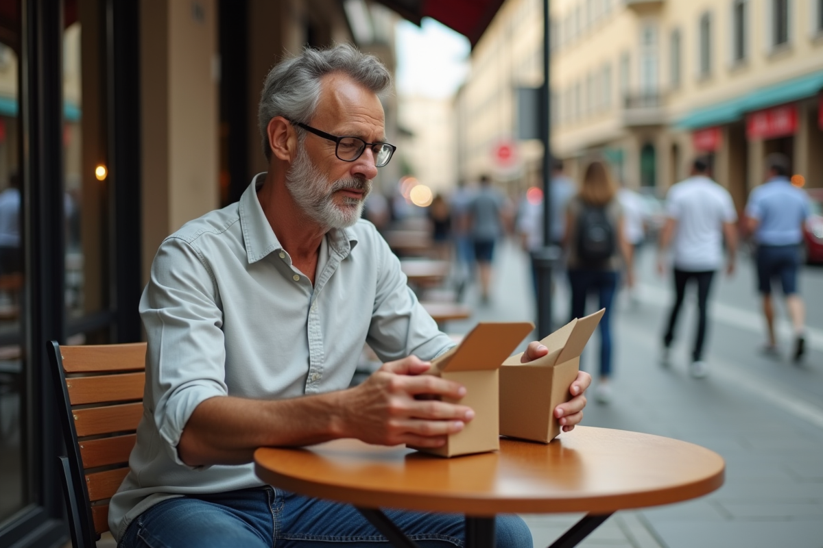 Homme d age moyen compare deux paquets en extérieur