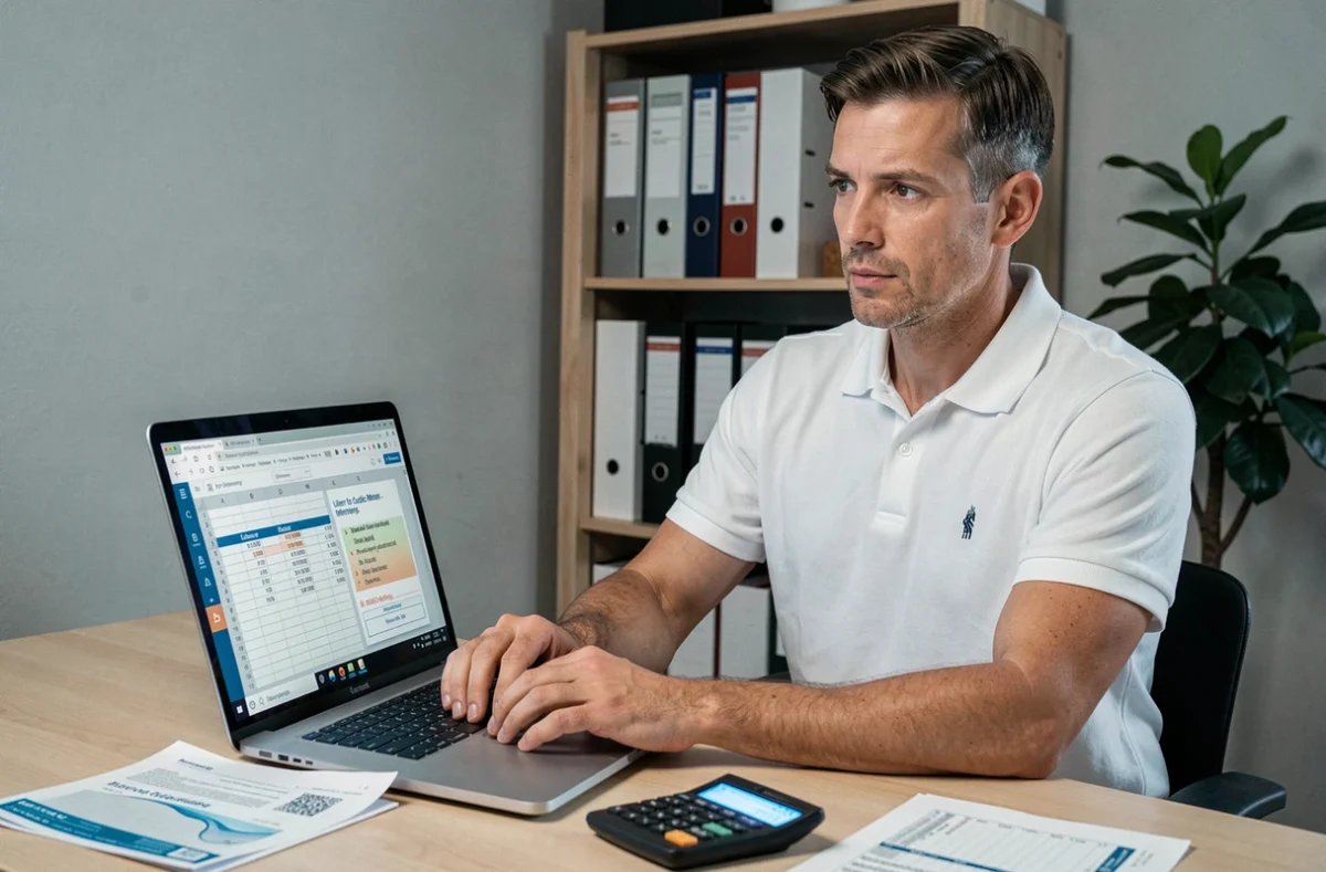 Homme calculant sa consommation d'eau en litres et m3 sur ordinateur avec tableau de conversion