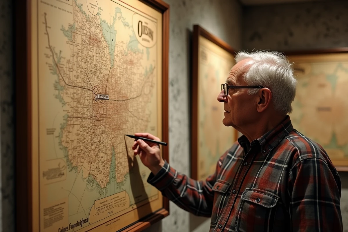 Homme âgé pointant une carte ancienne de Mayenne