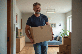 Homme moyenâgeux empilant des cartons dans un appartement moderne