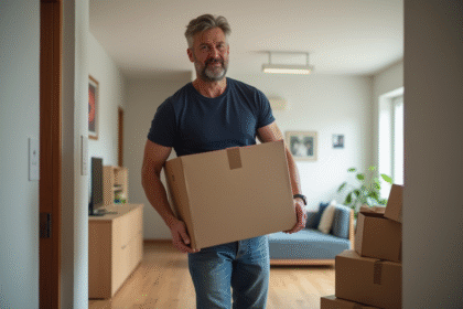 Homme moyenâgeux empilant des cartons dans un appartement moderne