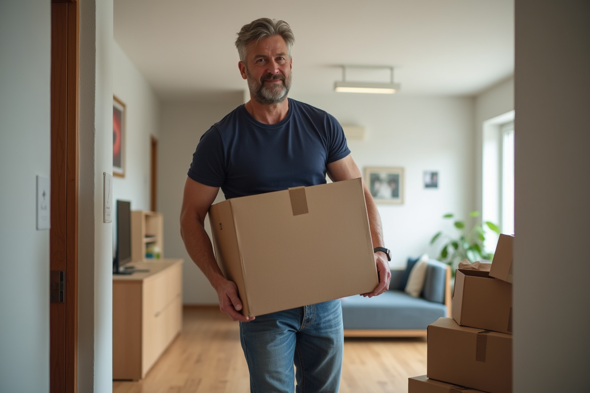 Homme moyenâgeux empilant des cartons dans un appartement moderne