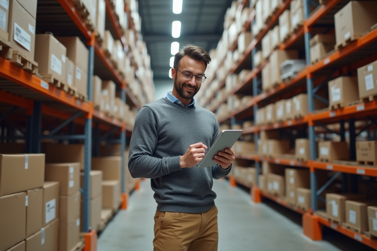 Homme entrepreneur vérifiant stock dans entrepôt organisé
