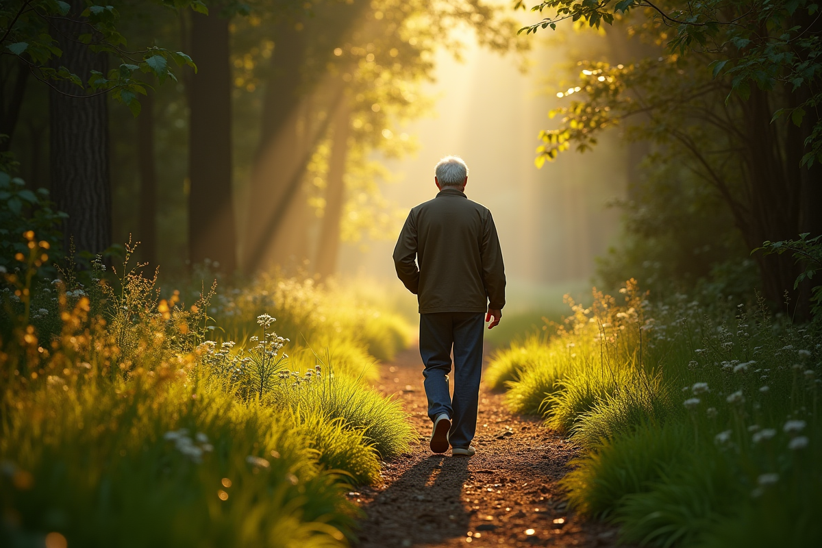 Homme âgé marchant dans la forêt au matin