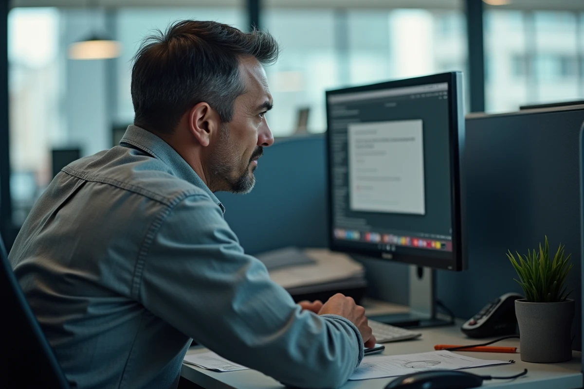 Homme d age moyen frustré devant un ordinateur au bureau