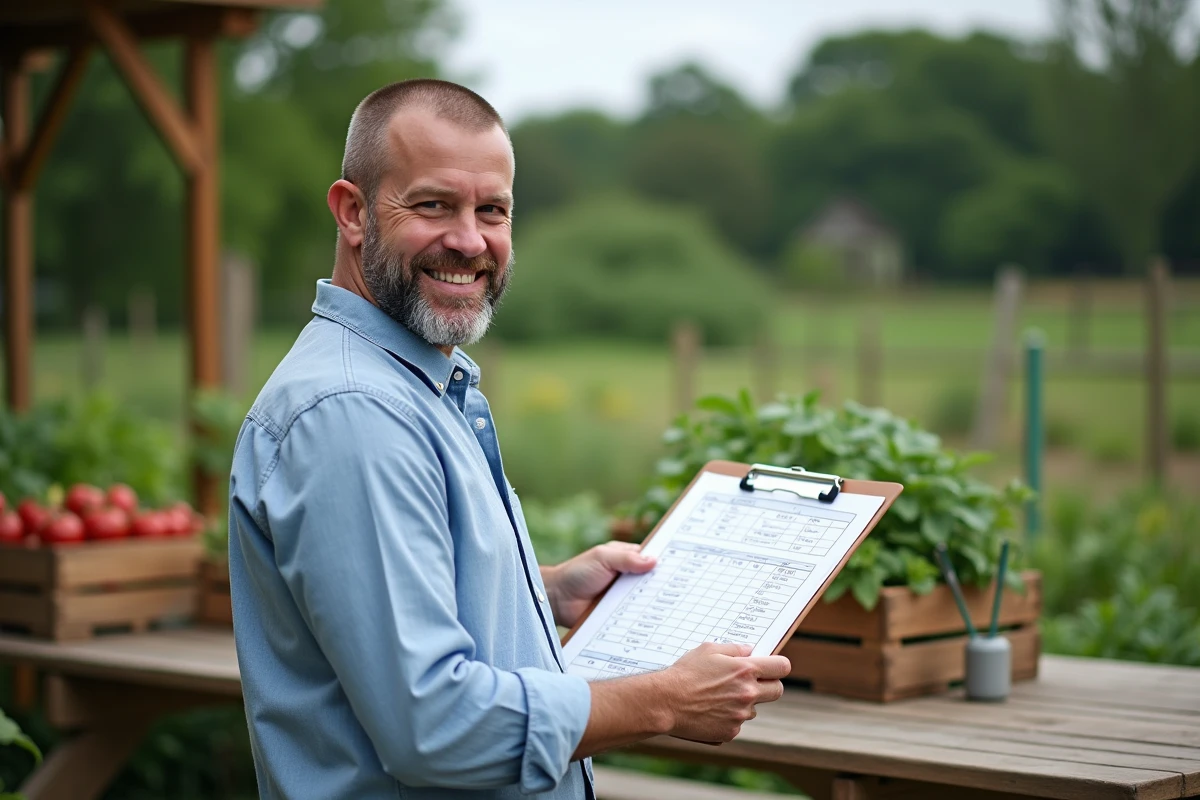 Homme souriant dans son jardin avec un planning de récolte