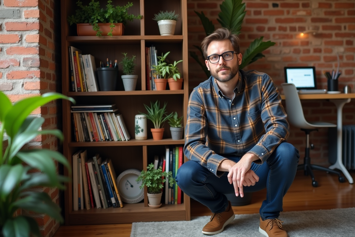 Homme âgé explorant une bibliothèque de coin cosy