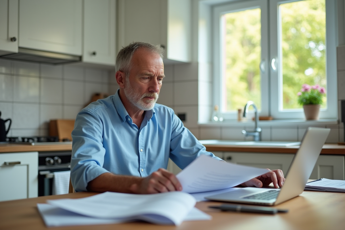 Homme d'âge moyen lisant ses documents immobiliers dans la cuisine