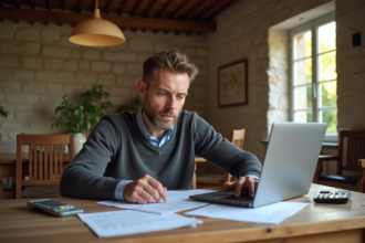 Homme d'âge moyen lisant des documents dans une maison chaleureuse