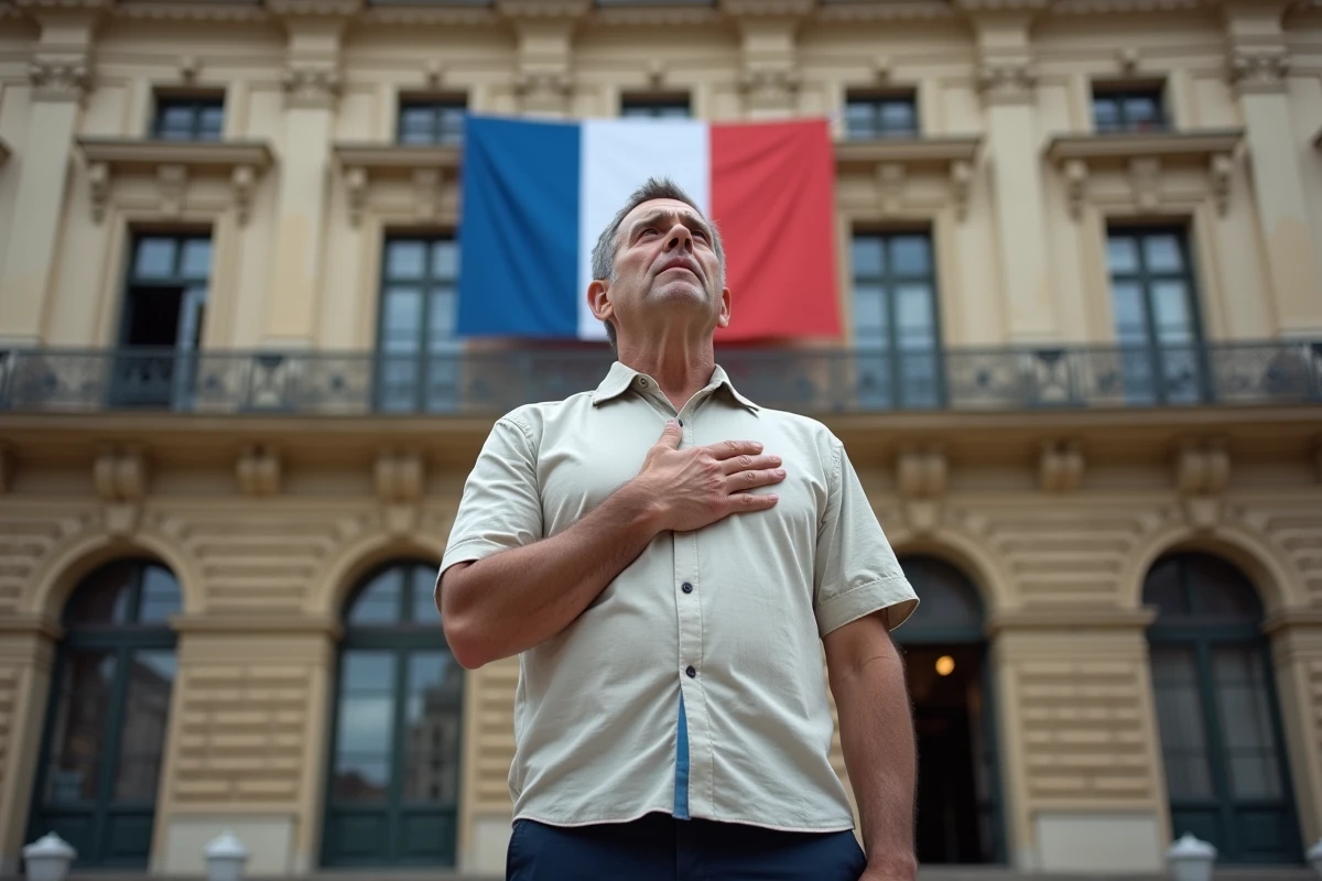 Homme récitant La Marseillaise devant la façade d'un hôtel de ville orné du drapeau français