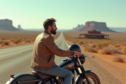 Homme contemplant la route 66 à moto