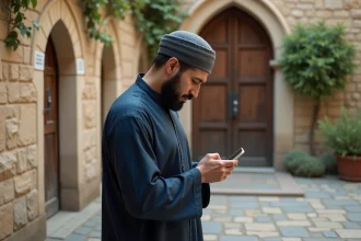 Musulman en thobe vérifiant prieres sur smartphone devant mosquee
