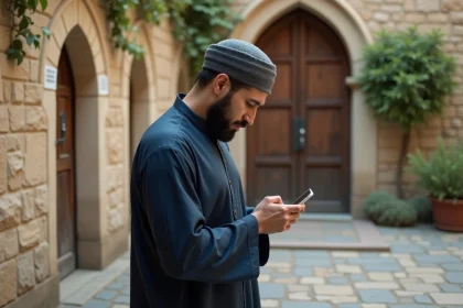 Musulman en thobe vérifiant prieres sur smartphone devant mosquee