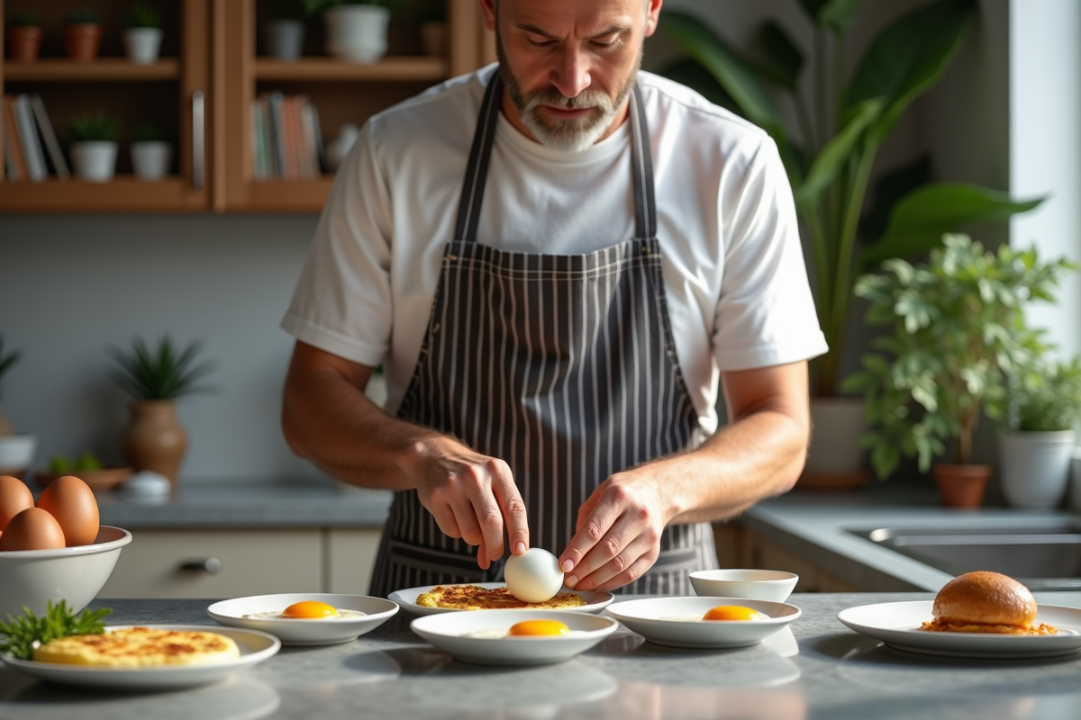 Homme en tablier prépare divers œufs sur le plan de travail