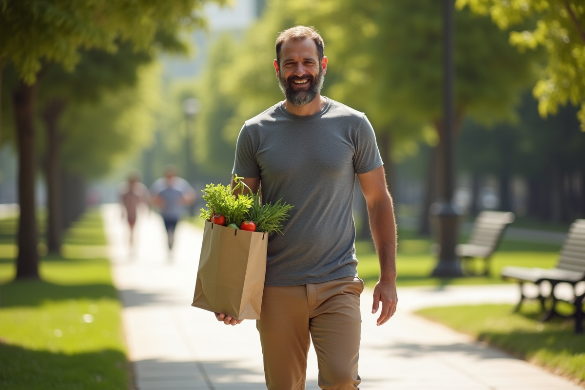 Homme souriant dans un parc urbain avec sac de courses