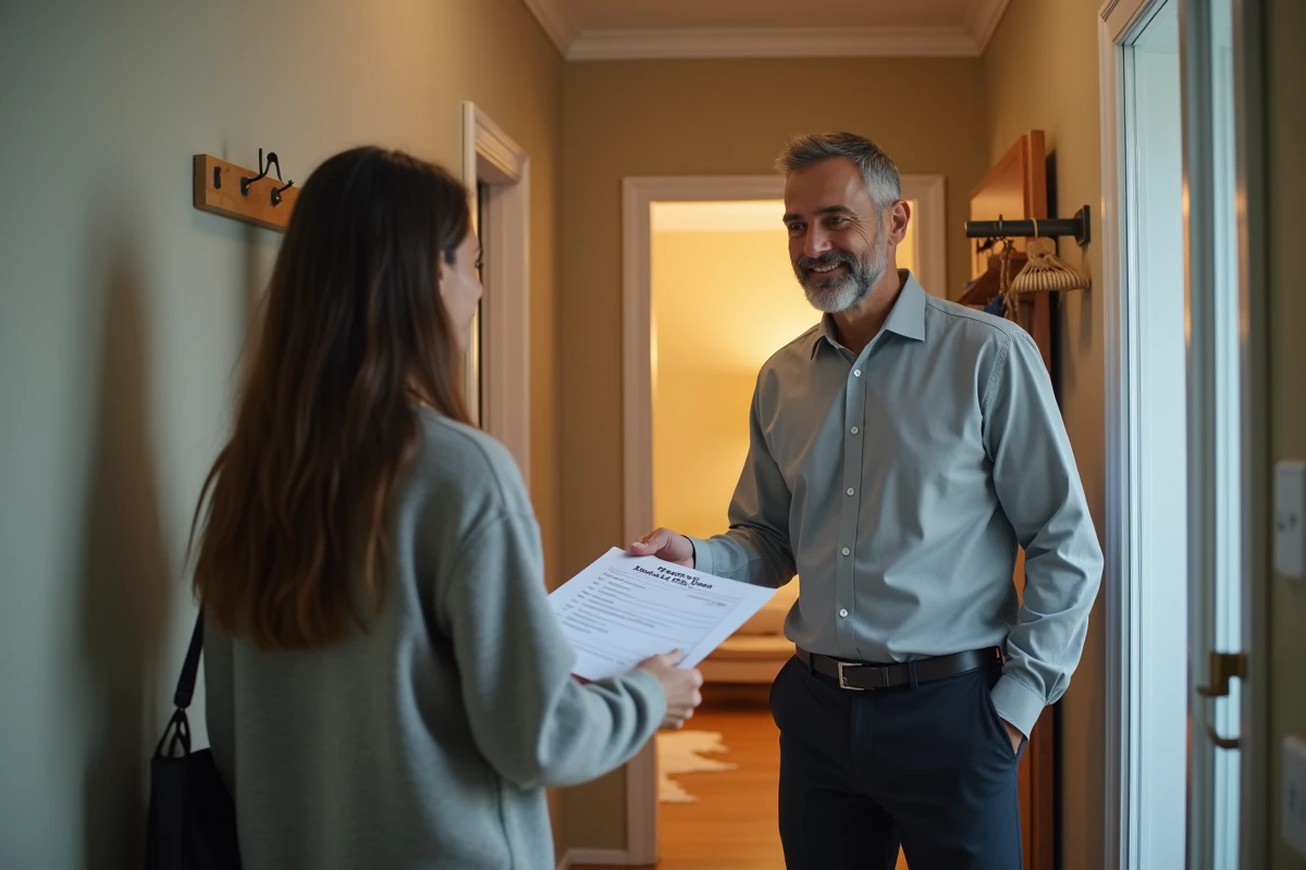Homme donnant une attestation d hébergement à une jeune femme à la porte