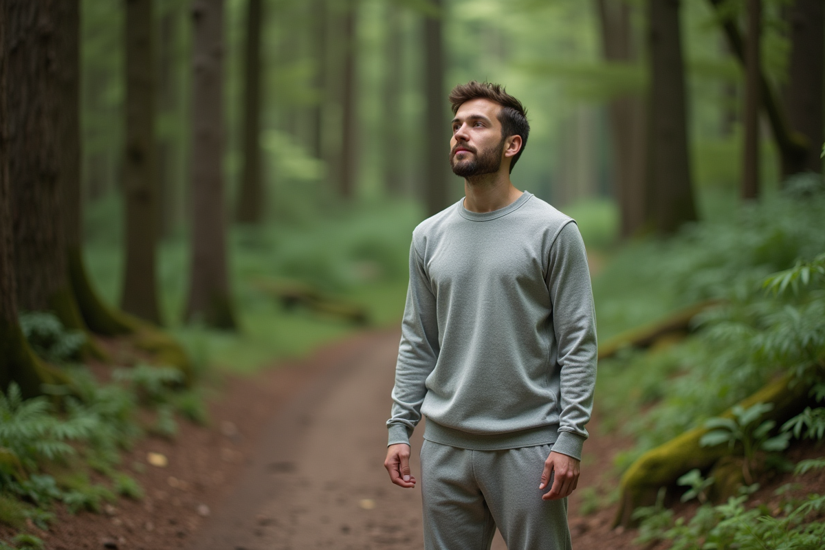 Jeune homme pratiquant la respiration en forêt