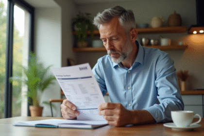 Homme d'âge moyen vérifiant un relevé bancaire à la maison
