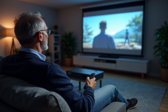Homme d'âge moyen regardant un film dans un salon moderne