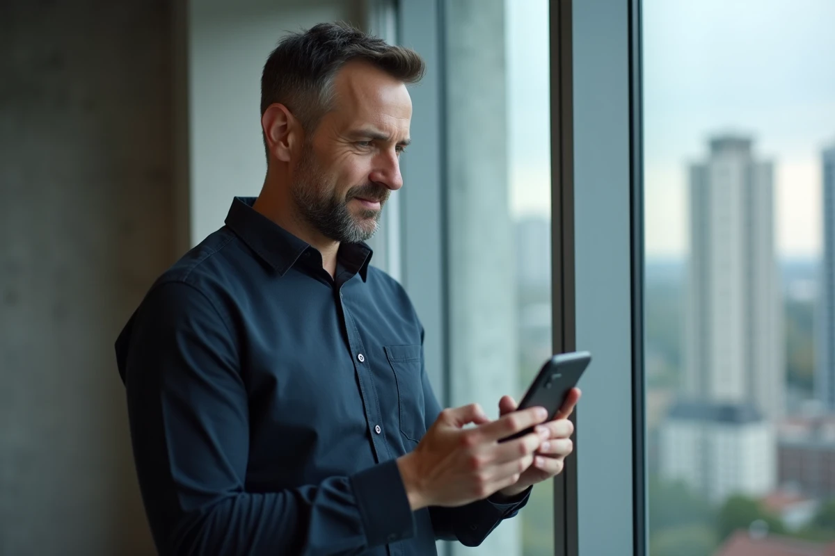 Homme consultant des avis en ligne sur smartphone dans un appartement urbain moderne