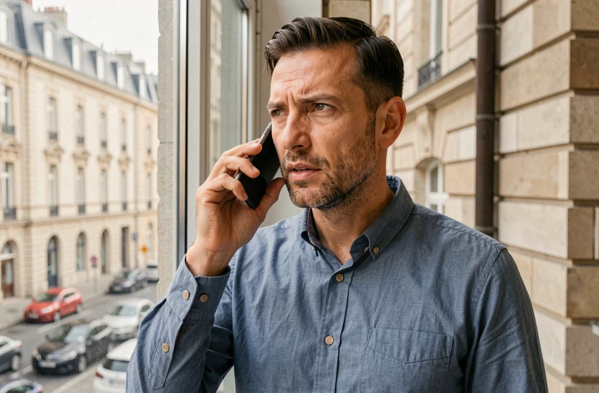 Homme tenant un smartphone à l'oreille avec indicatif téléphonique international affiché sur l'écran
