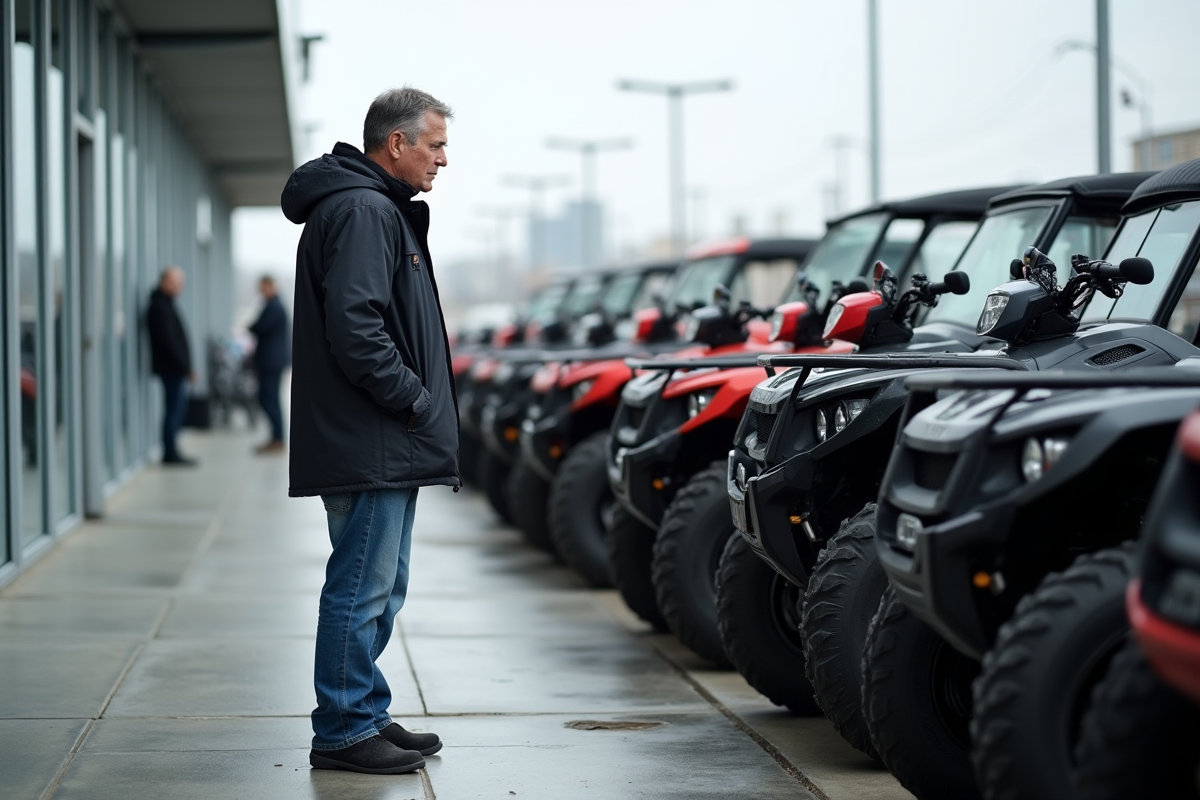 Homme examinant différents modèles de quads en concession