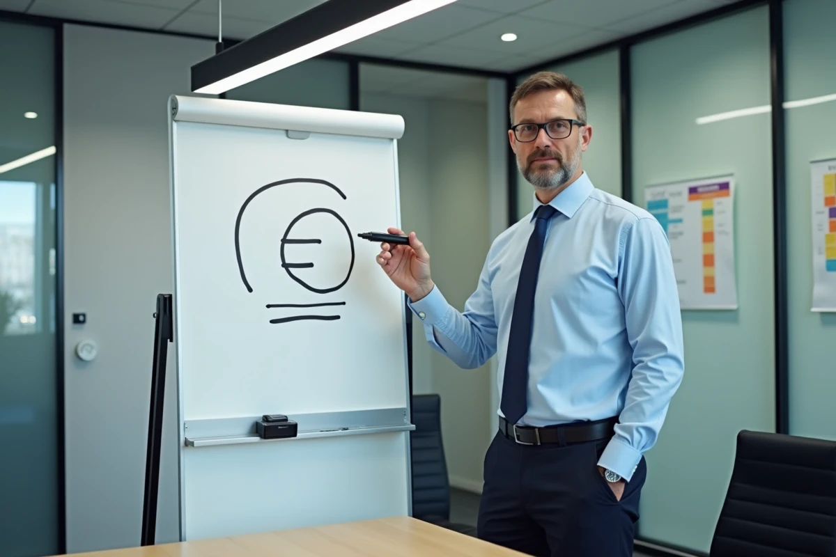 Homme expliquant le symbole ≈ lors d