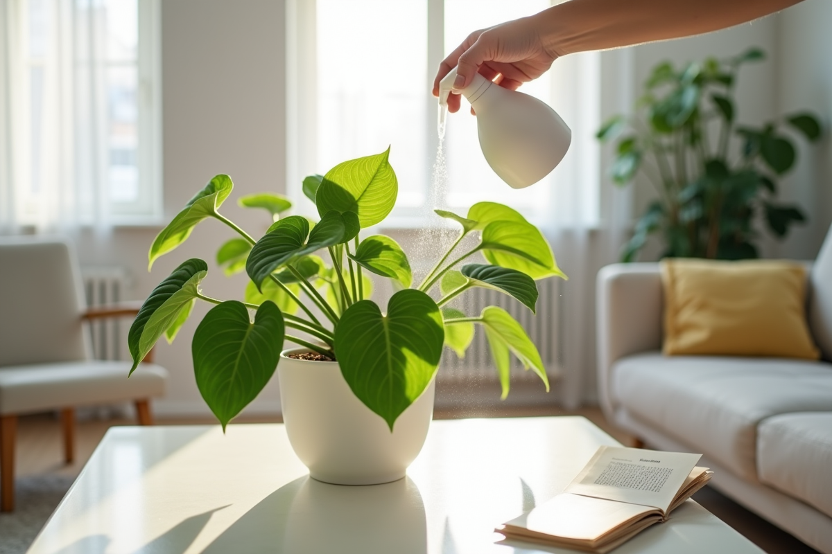Main vaporisant un pothos dans un salon lumineux et moderne