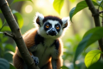 Lémur indri perché dans la canopée de la forêt tropicale