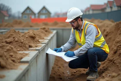 Ingénieur en construction vérifiant les plans sur un chantier résidentiel