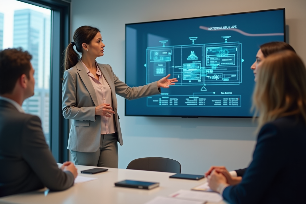 Femme ingénieure expliquant un schéma de serveur à une équipe en réunion