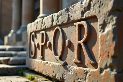 Inscription SPQR gravée dans le marbre antique d'un monument romain avec patine et ruines en arrière-plan