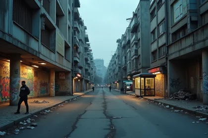 Vue large d'une rue urbaine française montrant des tours d'habitation, des murs tagués et une atmosphère d'insécurité urbaine au crépuscule