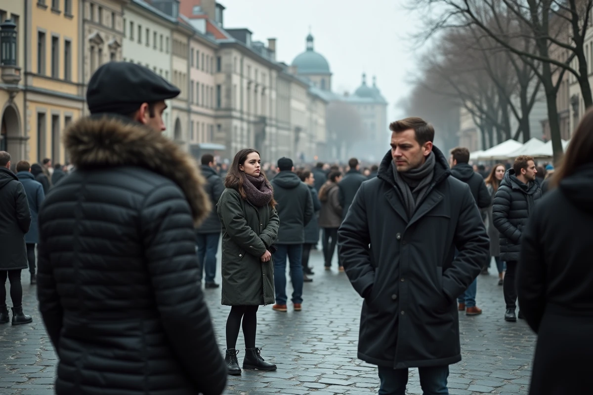 Groupe de personnes dans une place publique européenne illustrant l'isolement social et la méfiance entre individus, thème central de la philosophie hobbesienne