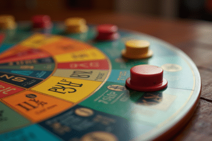 Vue rapprochée du jeu Trivial Pursuit avec pièces colorées