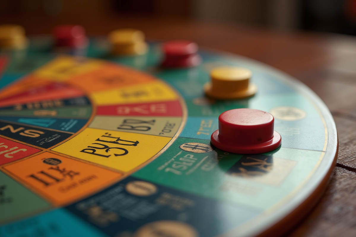 Vue rapprochée du jeu Trivial Pursuit avec pièces colorées