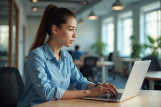 Jeune femme concentrée utilisant un ordinateur dans un bureau moderne