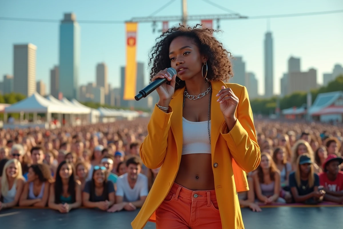 Jeune chanteuse noire en plein concert en extérieur