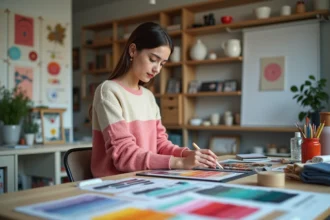 Jeune femme en sweater colorblock dans un studio créatif