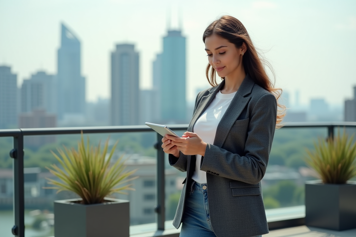 Jeune entrepreneure sur un toit avec tablette en main