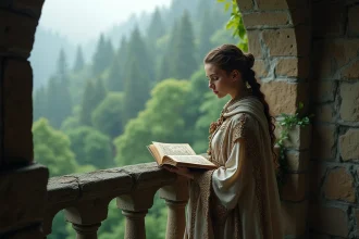 Jeune femme en costume fantasy lisant dans un château