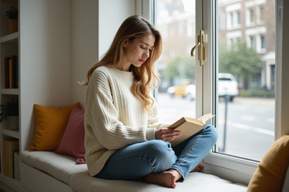 Jeune femme détendue lisant dans un salon lumineux