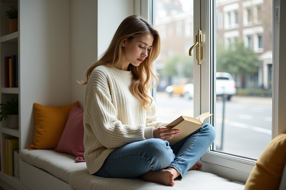 Jeune femme détendue lisant dans un salon lumineux
