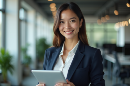 Jeune femme professionnelle avec tablette dans un bureau moderne