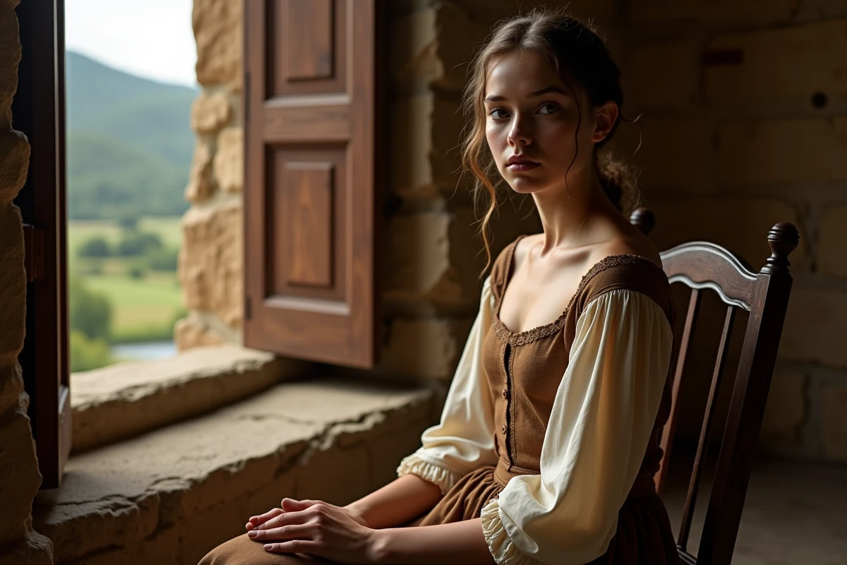 Jeune femme renaissance posant près d une fenêtre en intérieur