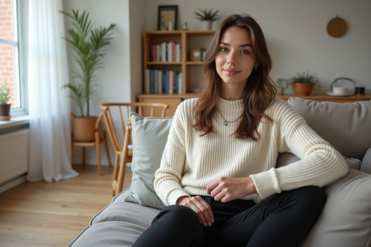 Jeune femme assise sur un sofa scandinave cosy