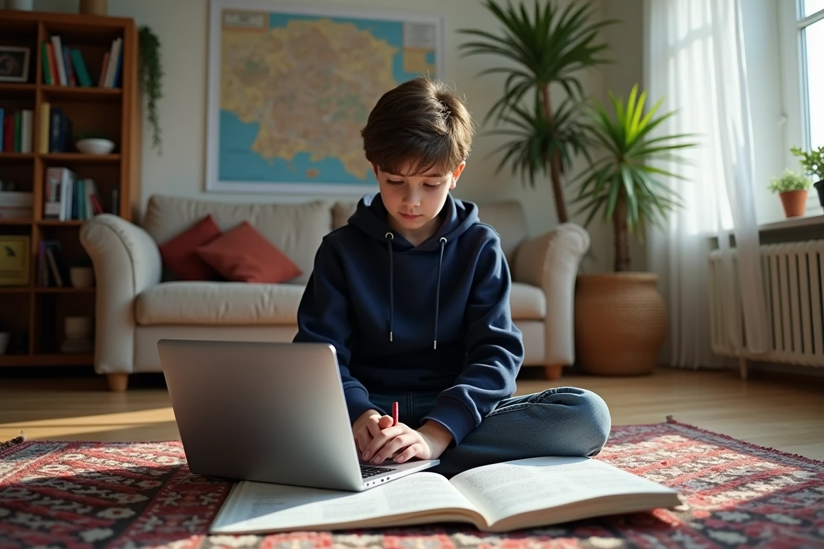 Jeune garçon en salon lisant un livre de croixsud avec ordinateur portable
