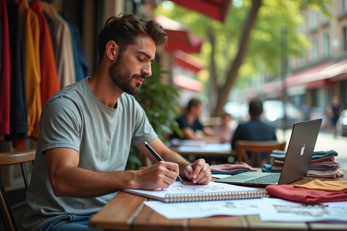 Jeune homme esquissant des designs de mode en extérieur